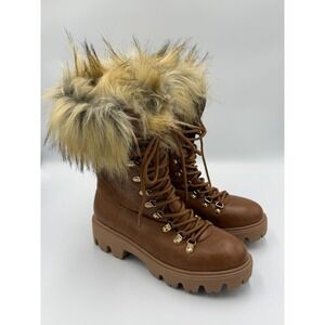Bamboo Brown Faux Fur Combat Boots Lug Sole Lace Up 5.5 Narrow Fit Bratz Style
